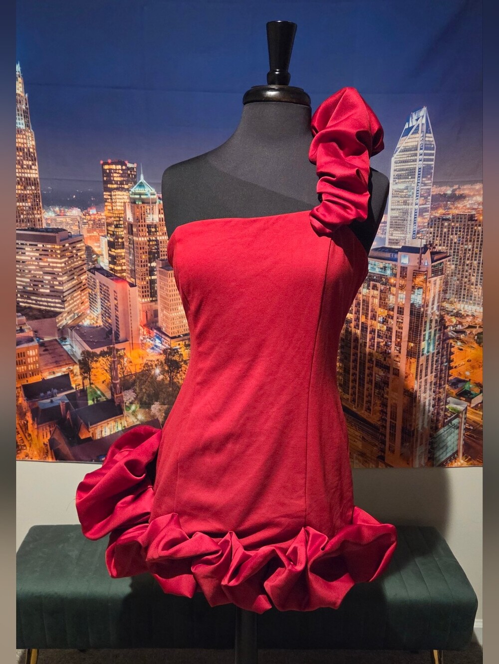 One-Shoulder Red Ruffle Cocktail Dress